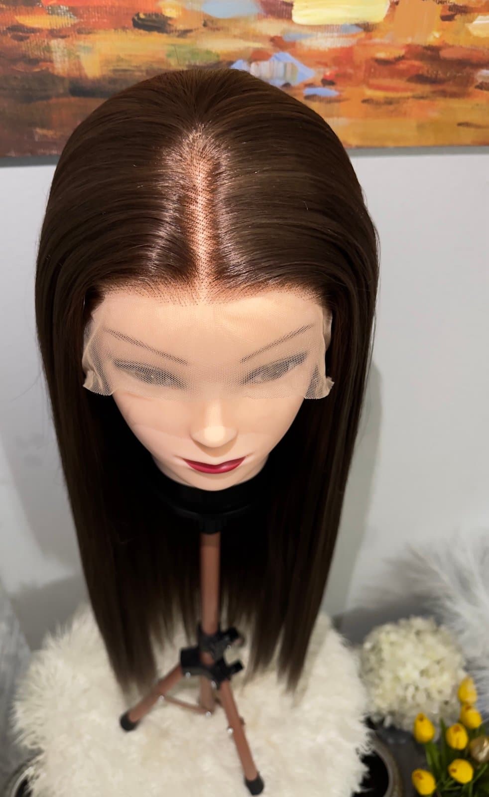 Synthetic Blend 13X4 Dark Brown Straight Lace Front Wig - Thumbnail 4