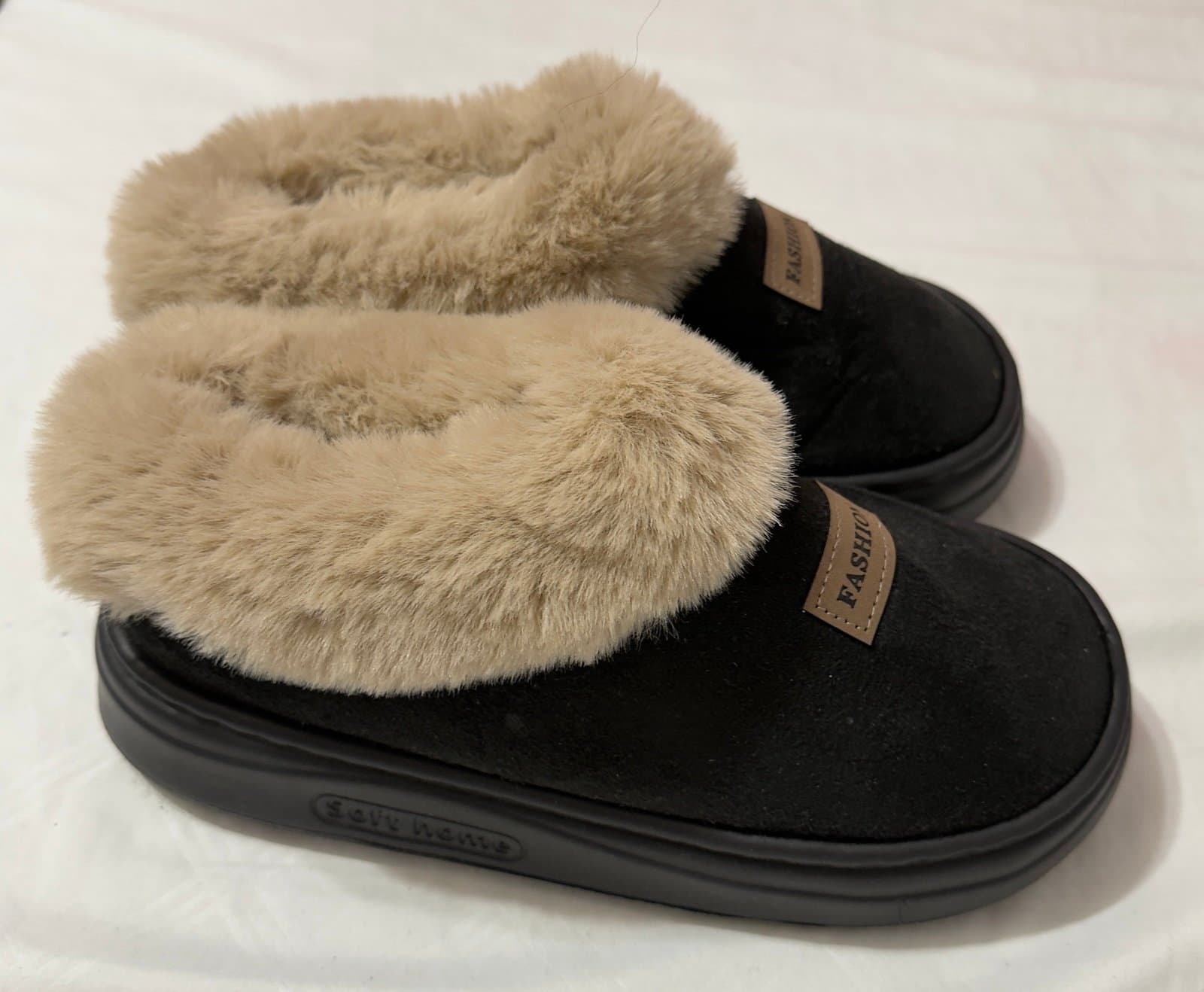 Black Faux Fur Slippers Soft Home - Thumbnail 5