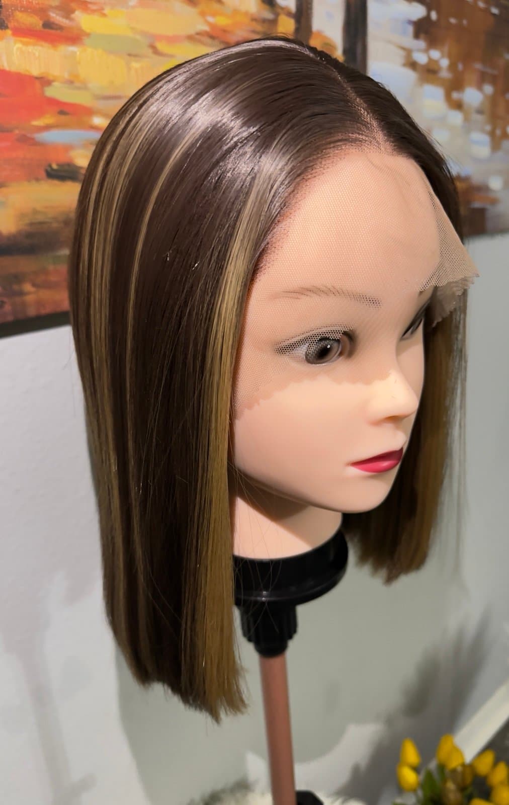 Synthetic Blend Lace Front Wig 13x4 Lace Bob Wig Brown Blonde Highlights Lace - Thumbnail 2