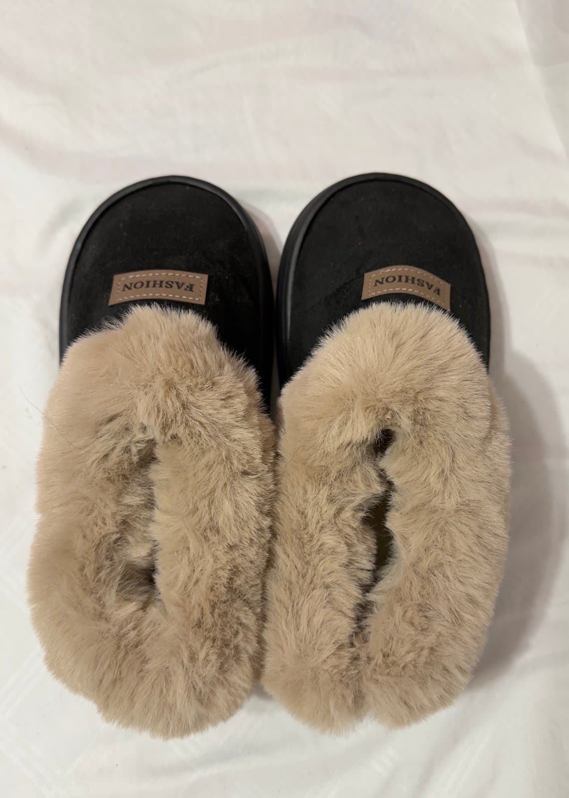 Black Faux Fur Slippers Soft Home - Thumbnail 3