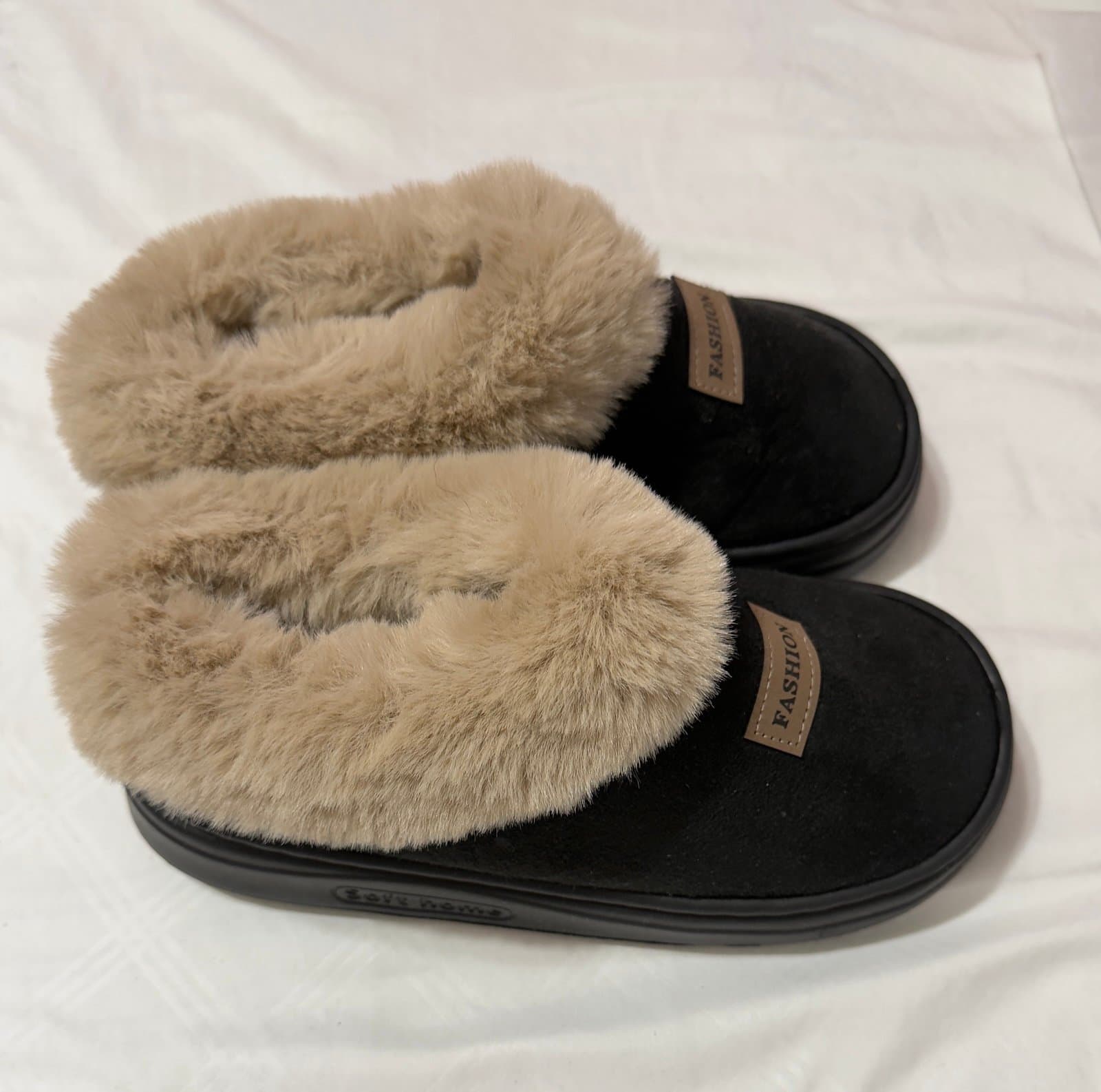 Black Faux Fur Slippers Soft Home - Thumbnail 7