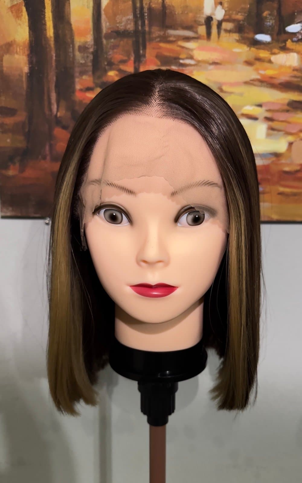 Synthetic Blend Lace Front Wig 13x4 Lace Bob Wig Brown Blonde Highlights Lace - Thumbnail 3