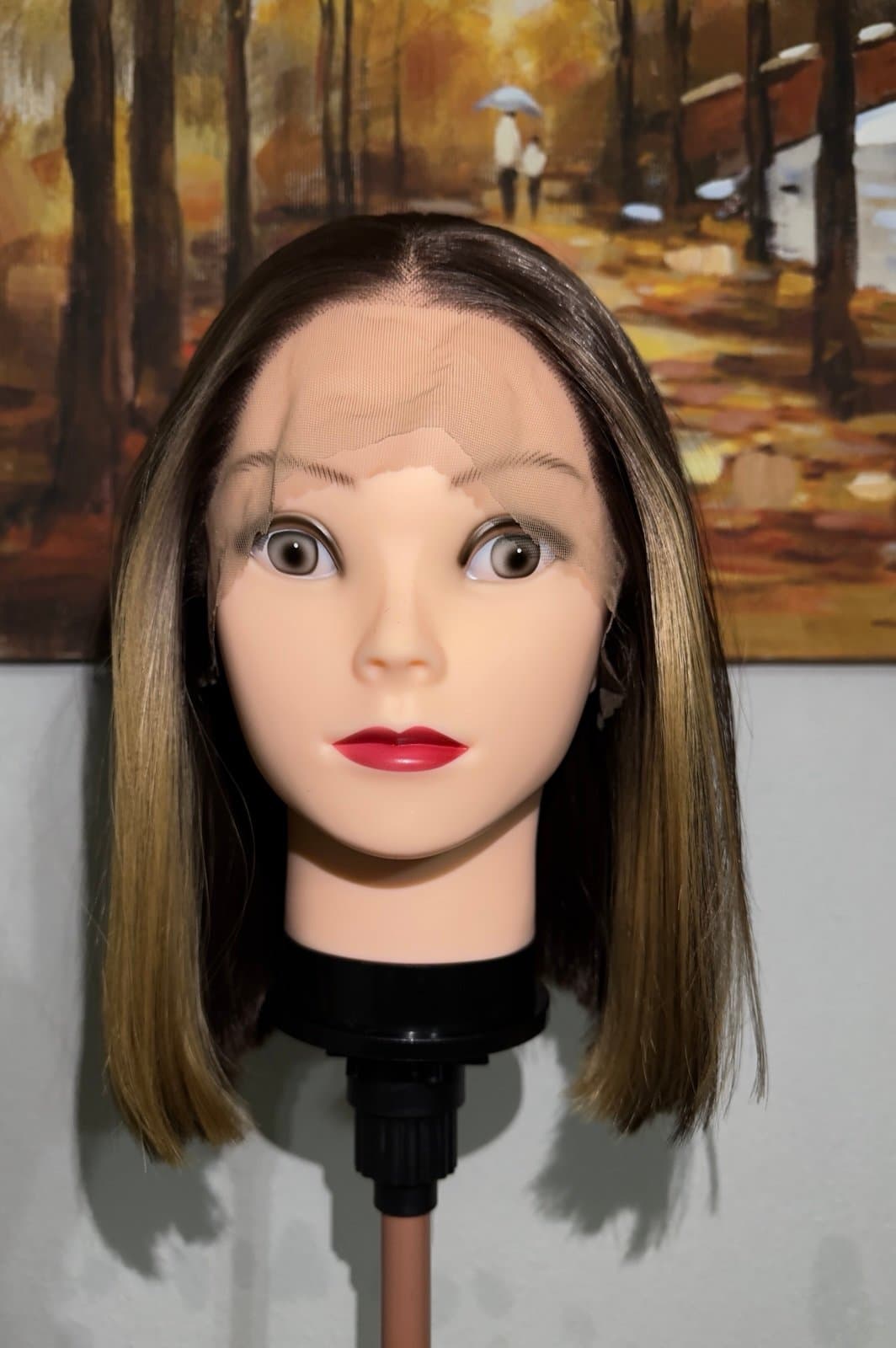 Synthetic Blend Lace Front Wig 13x4 Lace Bob Wig Brown Blonde Highlights Lace - Thumbnail 5