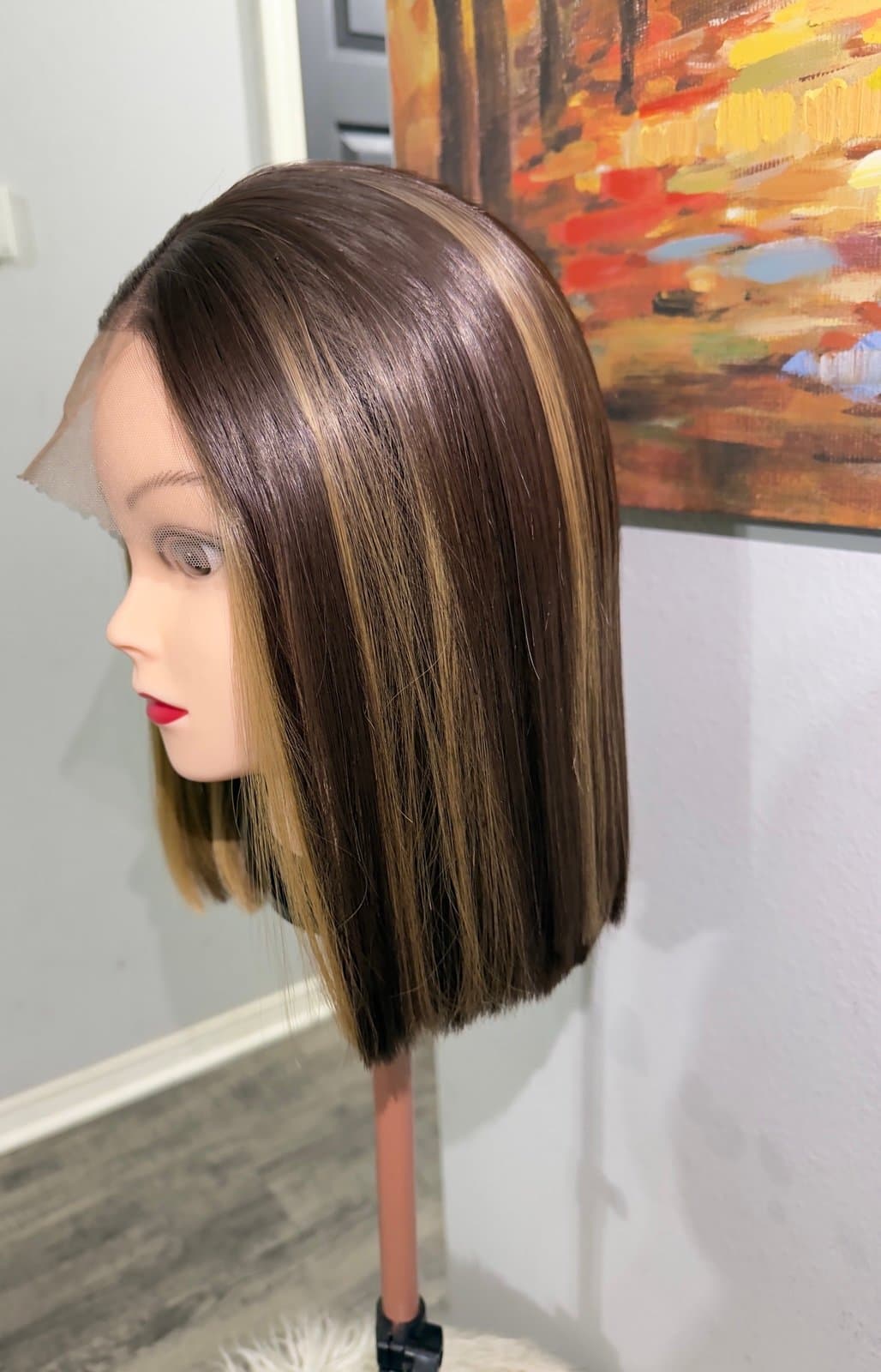 Synthetic Blend Lace Front Wig 13x4 Lace Bob Wig Brown Blonde Highlights Lace - Thumbnail 4