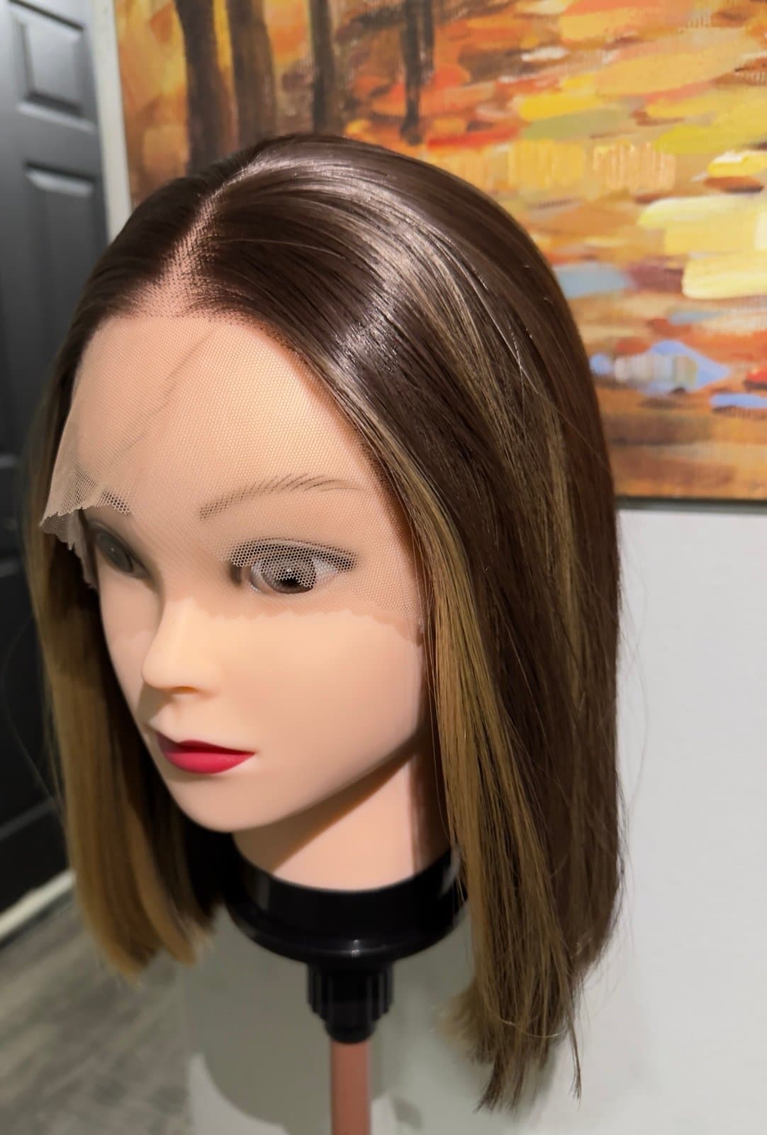 Synthetic Blend Lace Front Wig 13x4 Lace Bob Wig Brown Blonde Highlights Lace - Thumbnail 7
