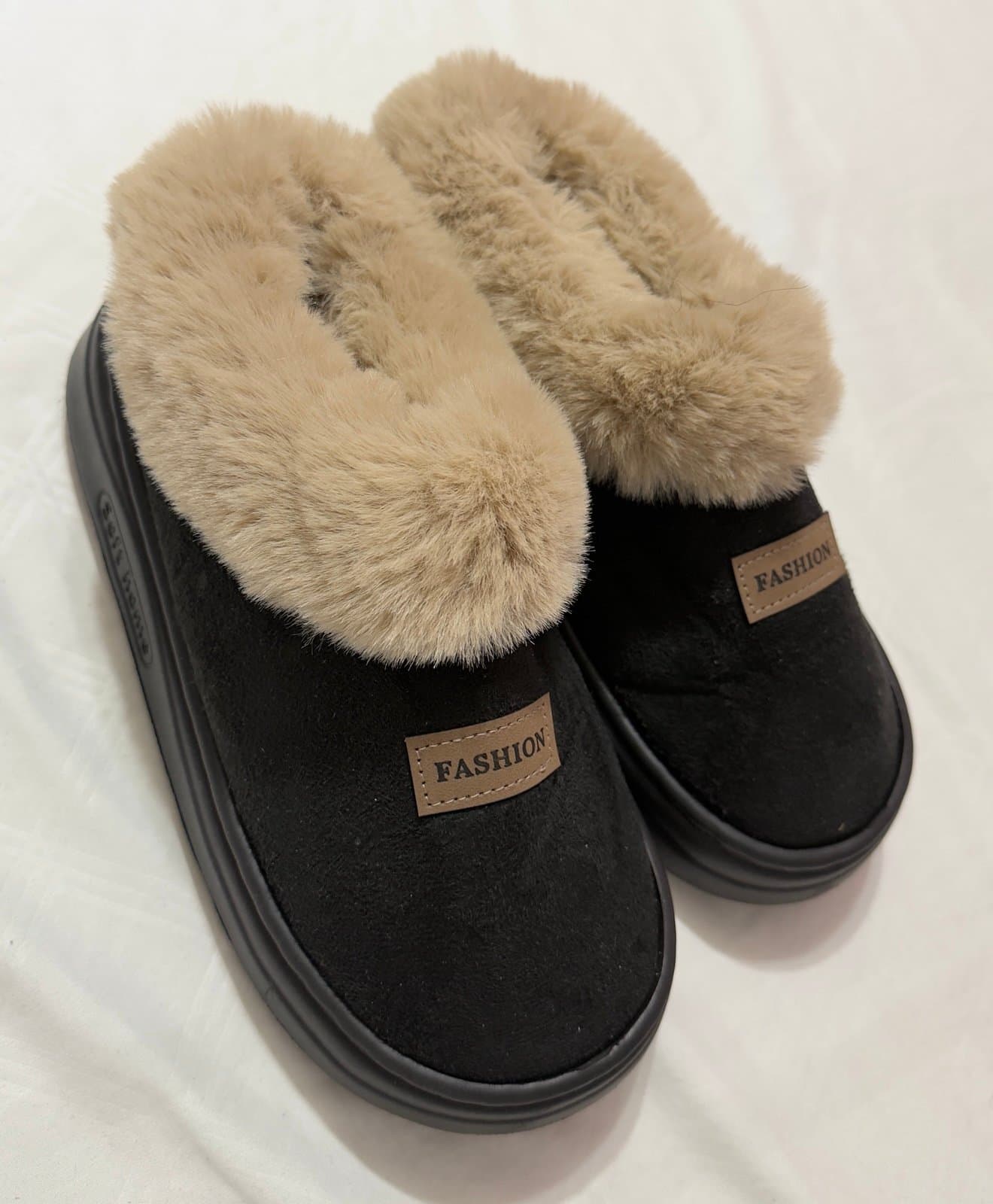 Black Faux Fur Slippers Soft Home - Thumbnail 4