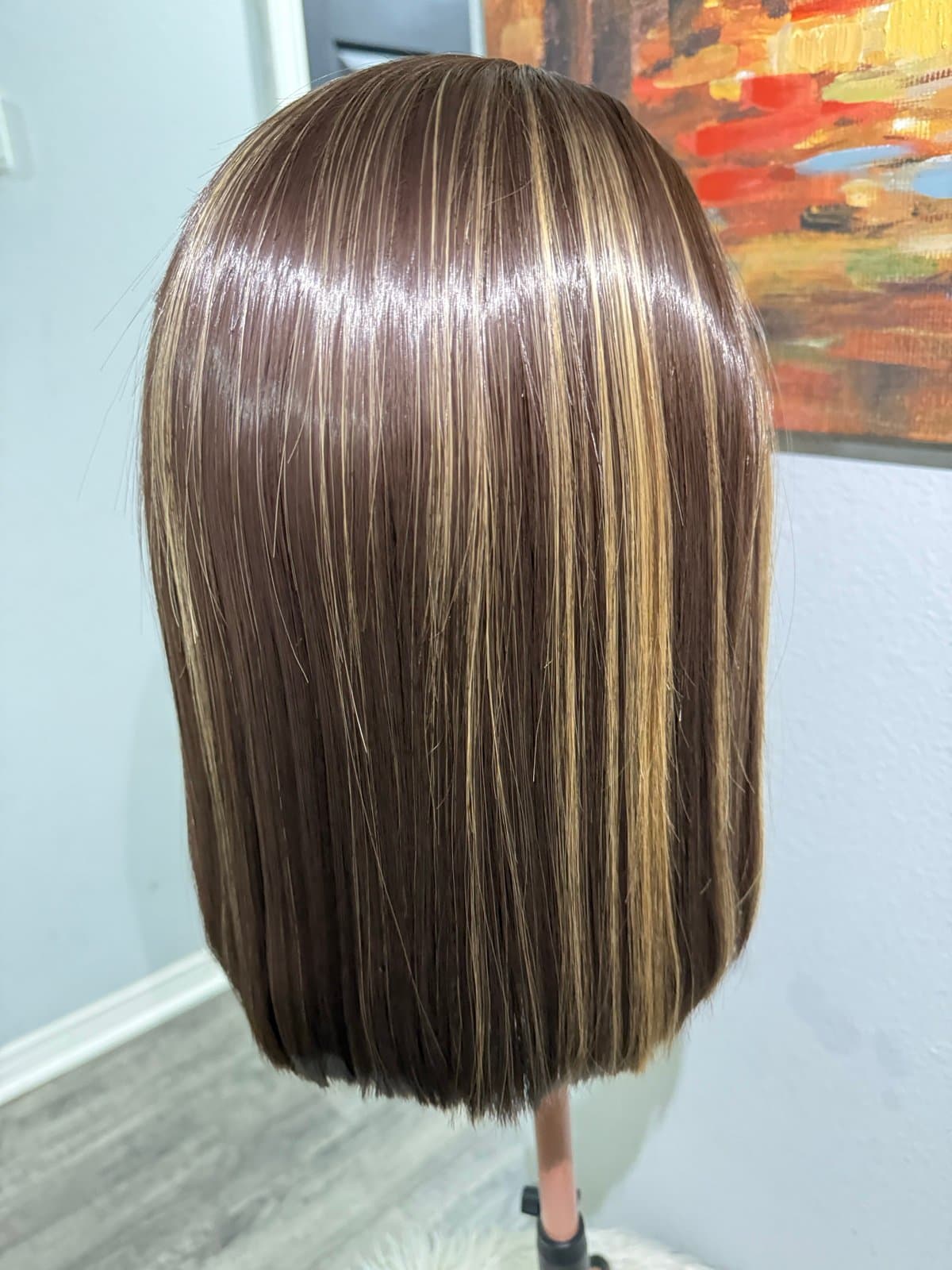 Synthetic Blend Lace Front Wig 13x4 Lace Bob Wig Brown Blonde Highlights Lace - Thumbnail 6