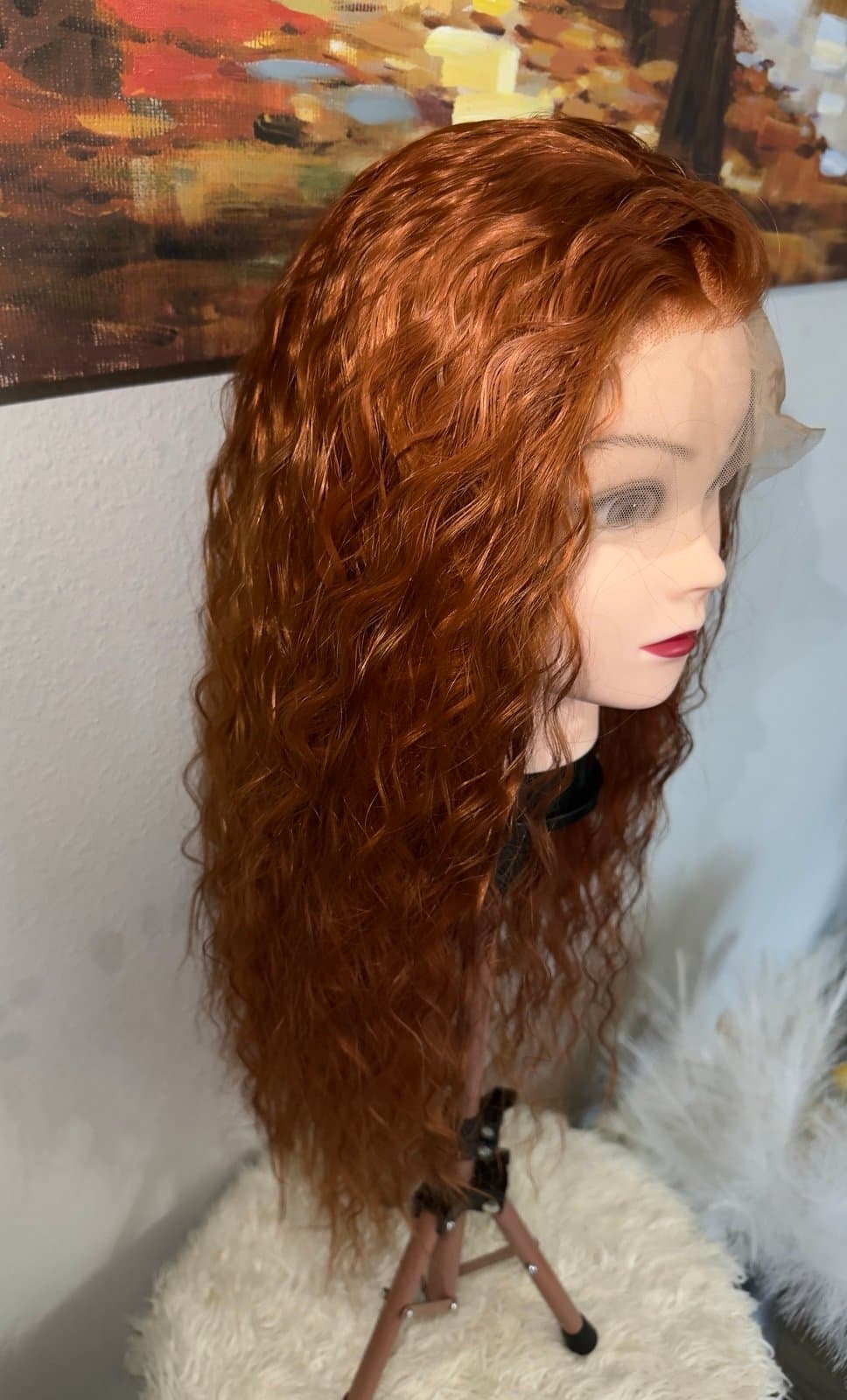 Synthetic Blend Long Ginger Reddish Brown Wavy Lace Front Wig - Thumbnail 10