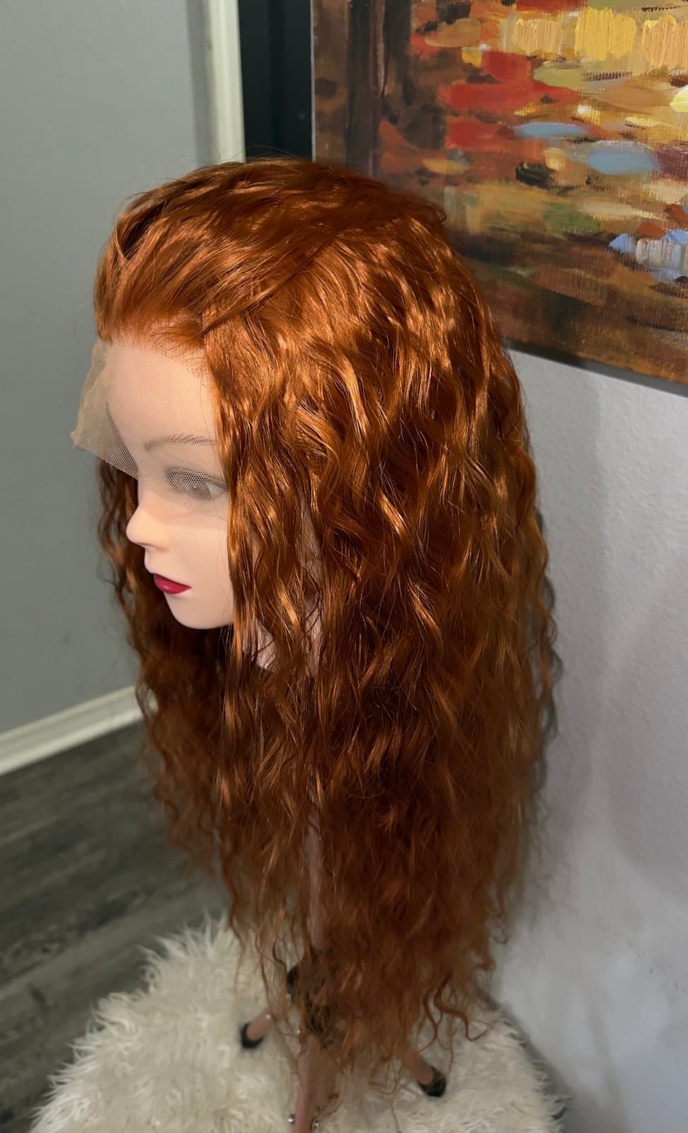 Synthetic Blend Long Ginger Reddish Brown Wavy Lace Front Wig - Thumbnail 6