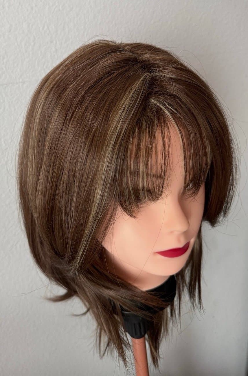 Synthetic Blend Brown Wig w/ Blonde Highlights with bangs - Thumbnail 2