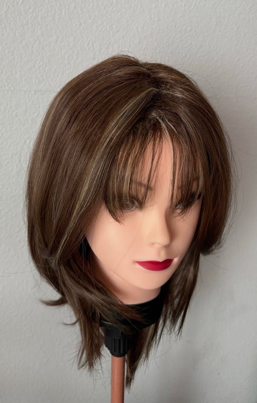 Synthetic Blend Brown Wig w/ Blonde Highlights with bangs - Thumbnail 7