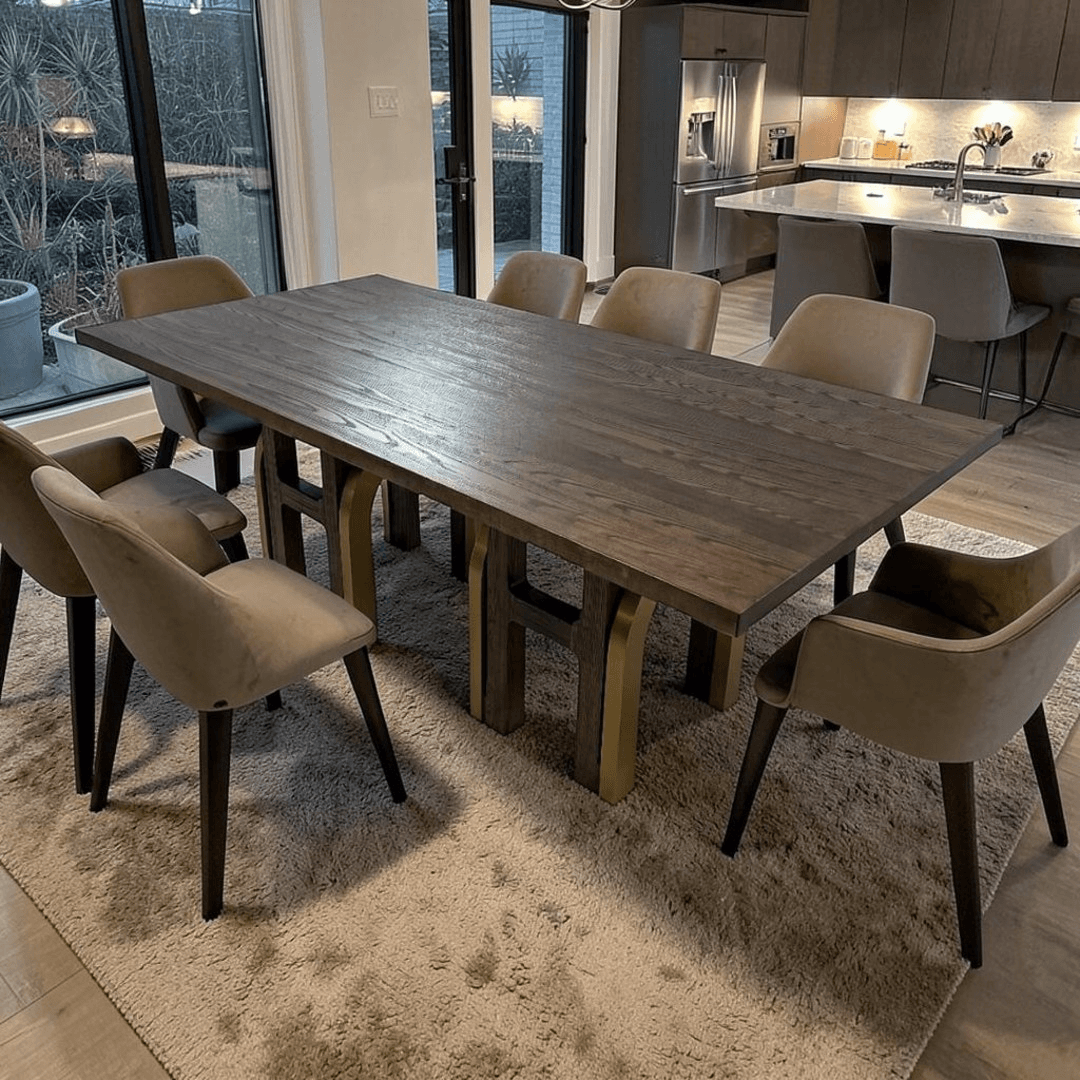 Everly Quinn Solid Wood Dining Table For 6-8, Farmhouse Rectangular Wooden Dining Room Table With Rustic Brown Ash Wood & Brushed Gold Legs - Image 1