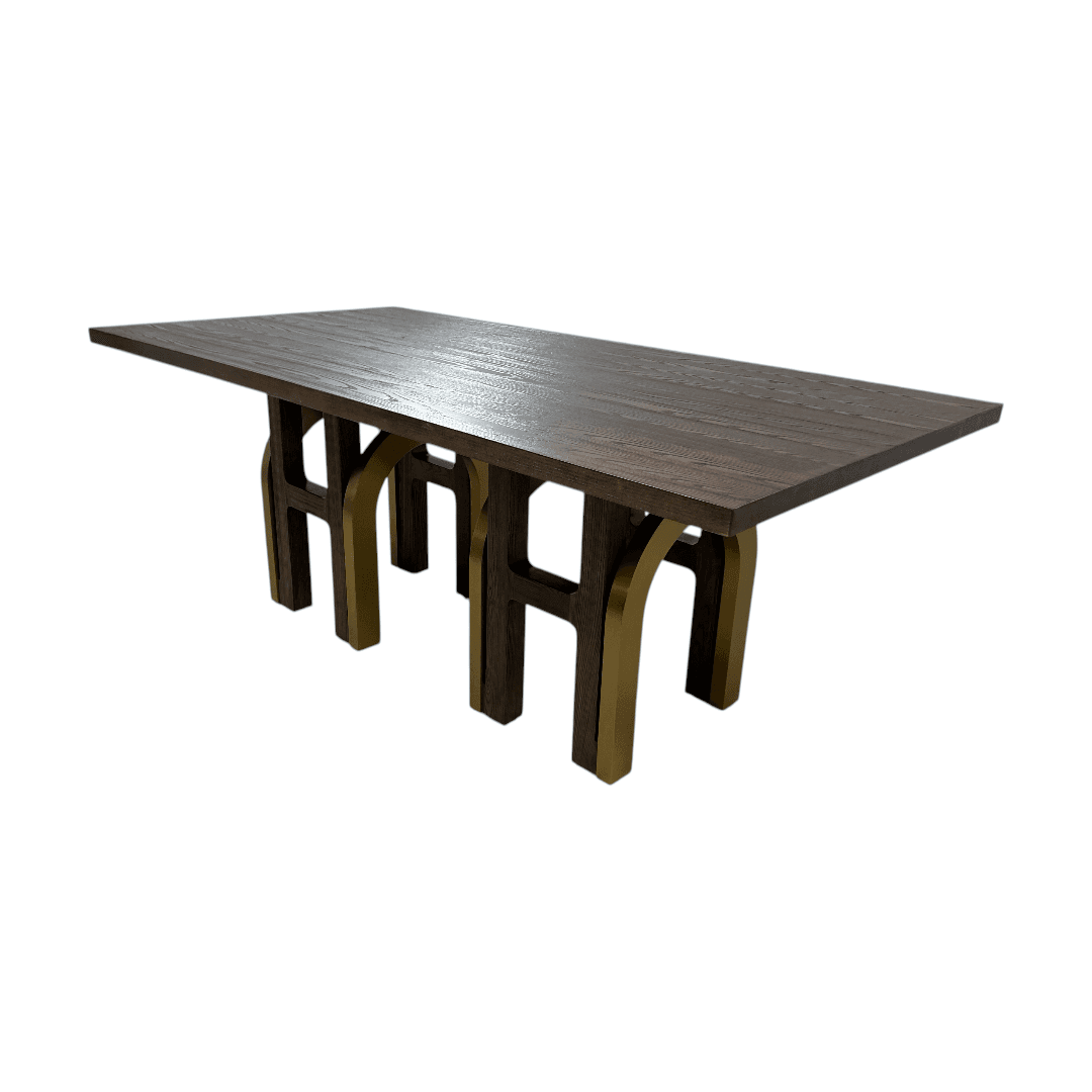 Everly Quinn Solid Wood Dining Table For 6-8, Farmhouse Rectangular Wooden Dining Room Table With Rustic Brown Ash Wood & Brushed Gold Legs - Thumbnail 2