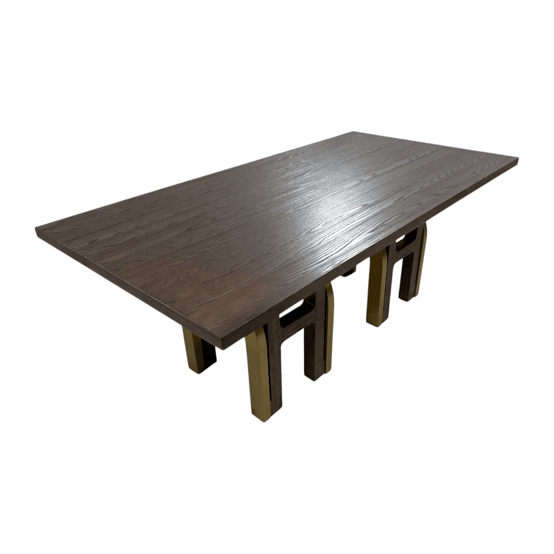 Everly Quinn Solid Wood Dining Table For 6-8, Farmhouse Rectangular Wooden Dining Room Table With Rustic Brown Ash Wood & Brushed Gold Legs - Thumbnail 4