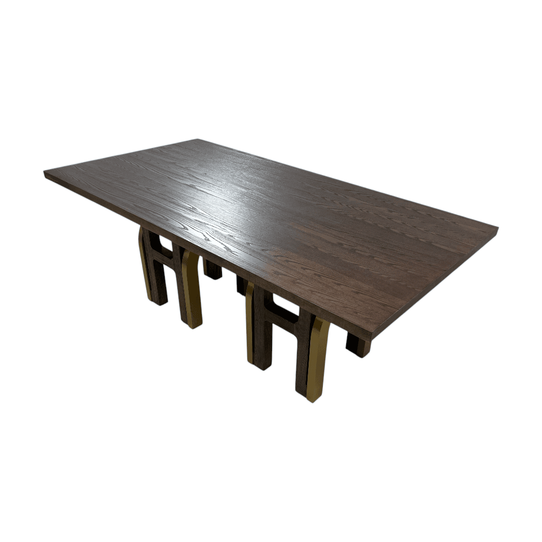 Everly Quinn Solid Wood Dining Table For 6-8, Farmhouse Rectangular Wooden Dining Room Table With Rustic Brown Ash Wood & Brushed Gold Legs - Thumbnail 3