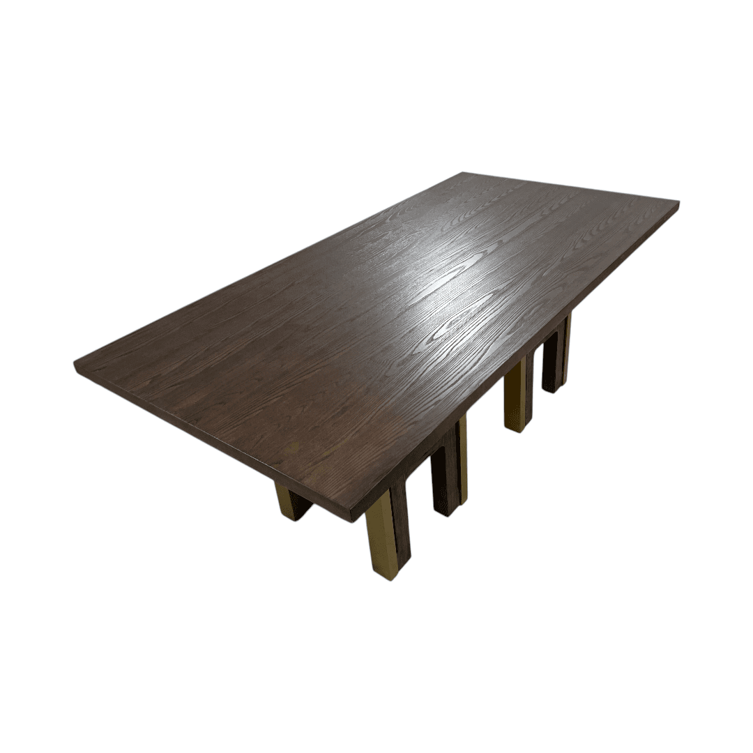 Everly Quinn Solid Wood Dining Table For 6-8, Farmhouse Rectangular Wooden Dining Room Table With Rustic Brown Ash Wood & Brushed Gold Legs - Thumbnail 5