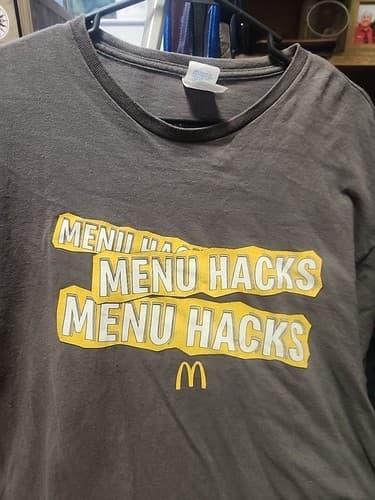 McDonalds Menu Hacks Employee T-Shirt Men's Size XL Gray Crew Uniform Promo