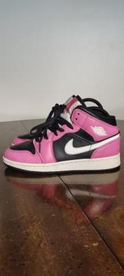 Air Jordan 1 Mid Shoes Youth Size 5.5Y Pink Black Leather Sneakers 555112-002 - Image 1