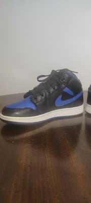 Nike Air Jordan 1 Mid 554725-068 Black Blue Leather Kids Sneakers 7Y - Thumbnail 7
