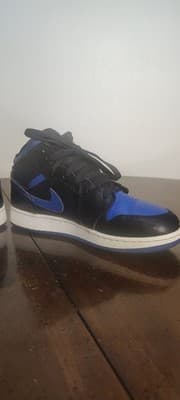 Nike Air Jordan 1 Mid 554725-068 Black Blue Leather Kids Sneakers 7Y - Thumbnail 6