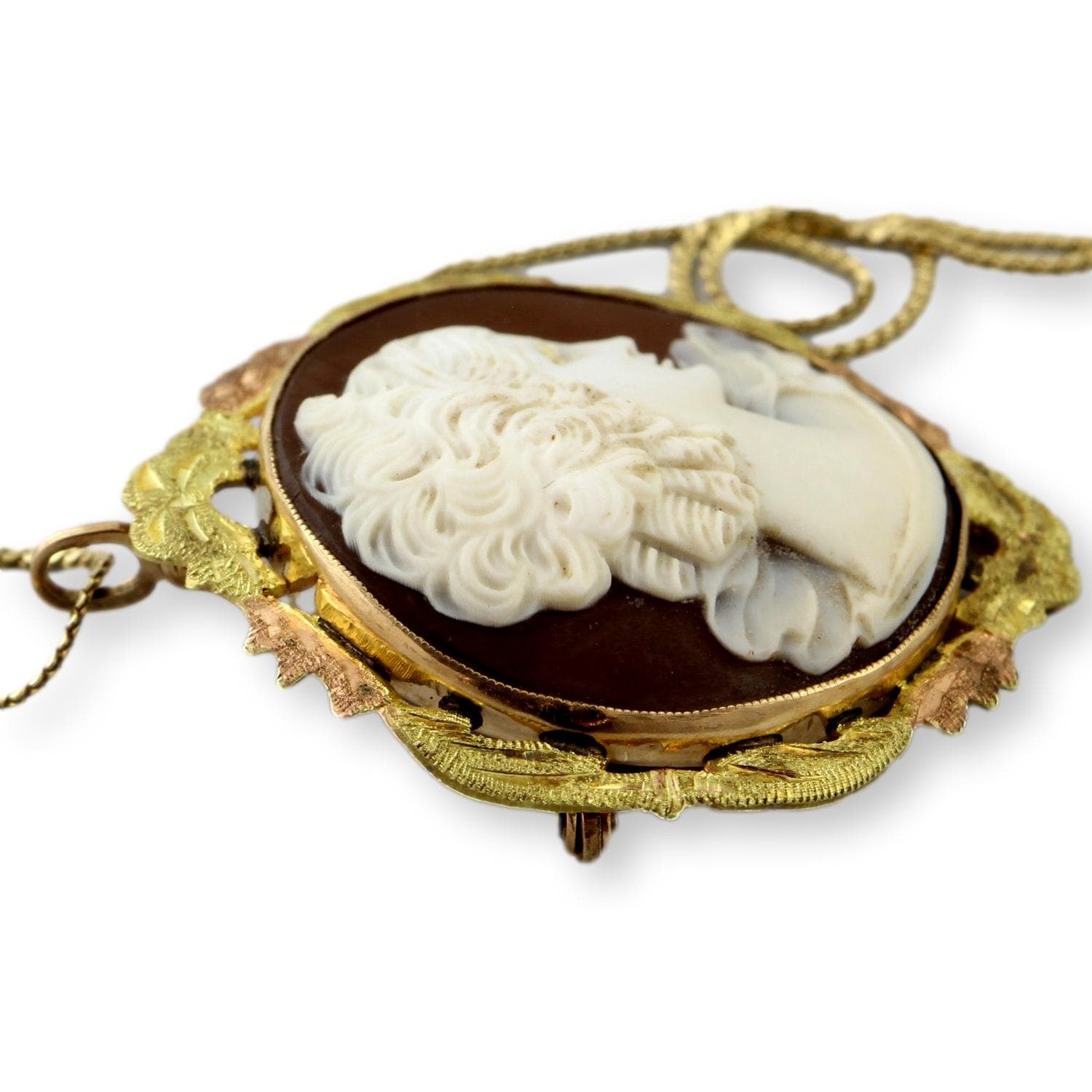 10K Yellow & Rose Gold Hand-Carved Shell Cameo Convertible Brooch Pendant with 14K Gold Chain - 16 in - Thumbnail 5