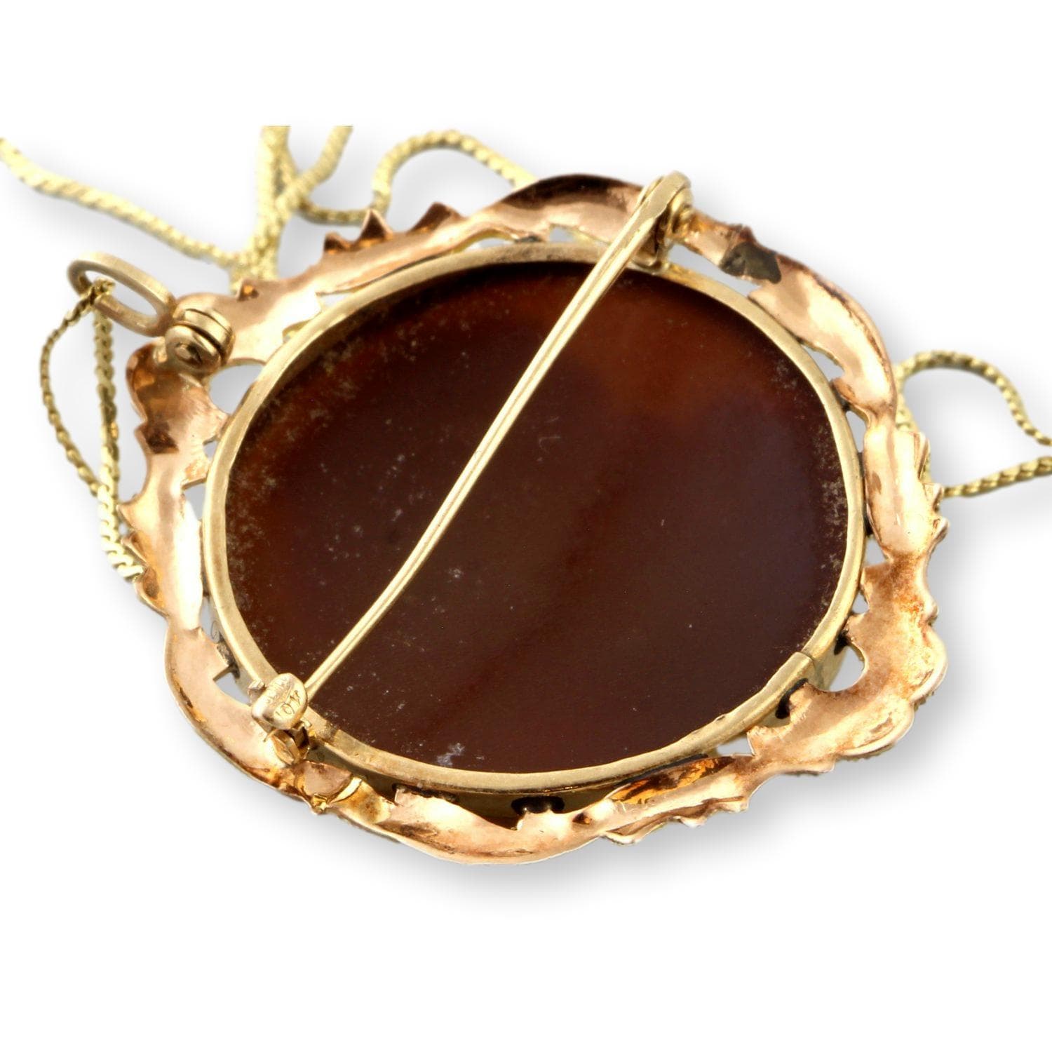 10K Yellow & Rose Gold Hand-Carved Shell Cameo Convertible Brooch Pendant with 14K Gold Chain - 16 in - Thumbnail 6