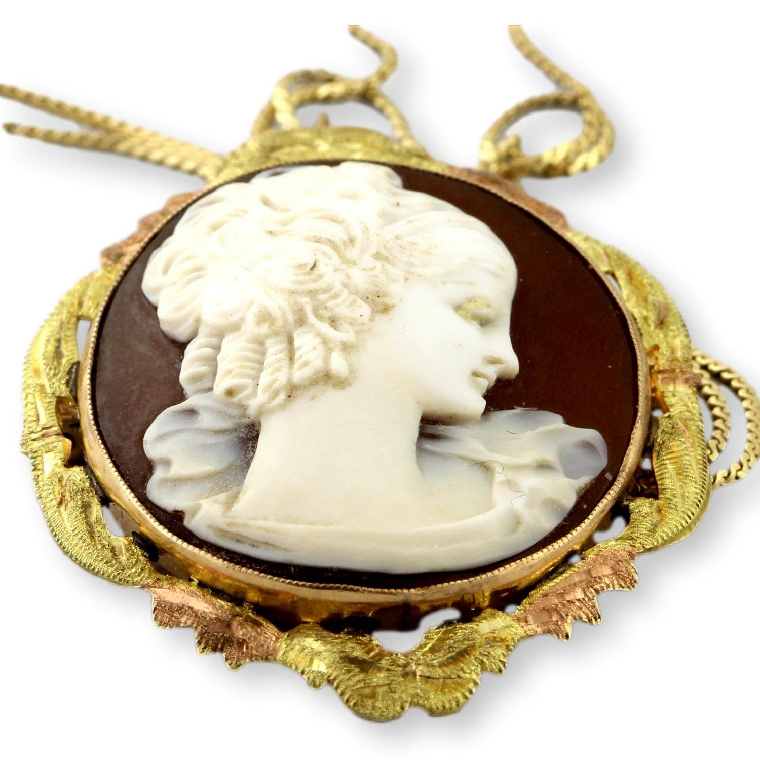 10K Yellow & Rose Gold Hand-Carved Shell Cameo Convertible Brooch Pendant with 14K Gold Chain - 16 in - Thumbnail 2