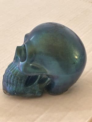 Iridescent Blue Green Resin Skull Sculpture Decorative Art Figurine 3in - Thumbnail 2