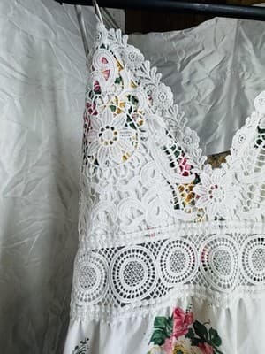 AZ Floral Maxi Dress Lace Bodice Boho Cottagecore White Pink Tie Back Size Lx - Thumbnail 3