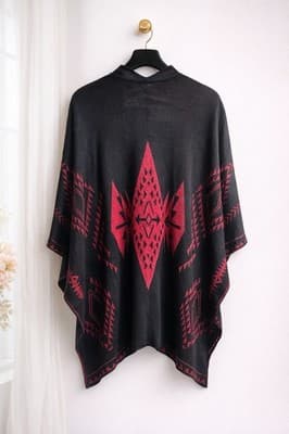 Boho Aztec Poncho Shawl Wrap Black Burgundy Tribal Open Front Festival One Size - Thumbnail 2
