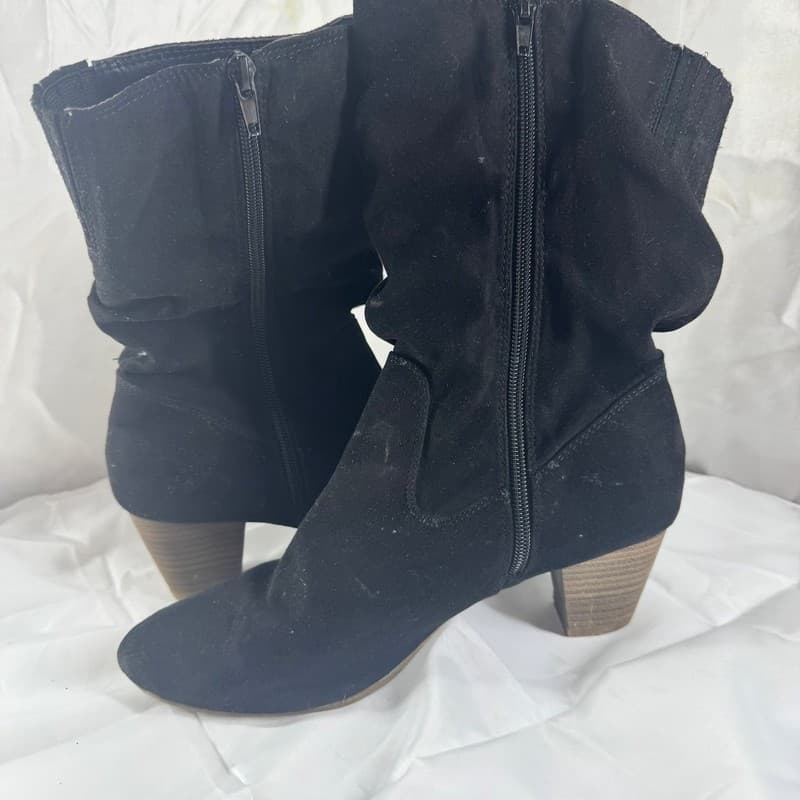 Black Suede Ruched Ankle Boots with Block Heel - Side Zipper - Thumbnail 5
