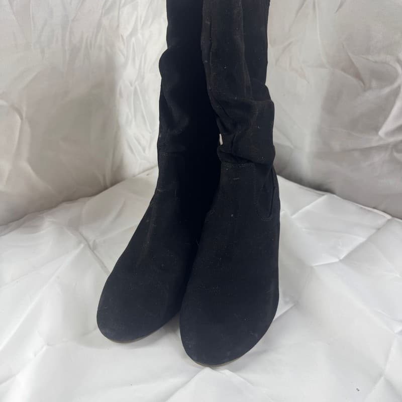 Black Suede Ruched Ankle Boots with Block Heel - Side Zipper - Thumbnail 3