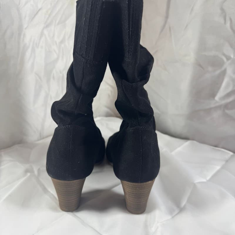Black Suede Ruched Ankle Boots with Block Heel - Side Zipper - Thumbnail 2