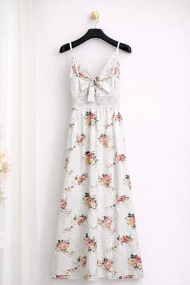 AZ Floral Maxi Dress Lace Bodice Boho Cottagecore White Pink Tie Back Size Lx - Thumbnail 2