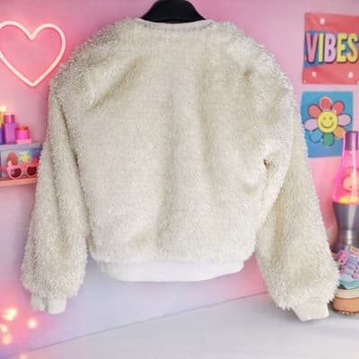 Knit Works Youth Faux Fur Bomber Jacket Size 14 Sparkly Silver Thread Details - Thumbnail 2
