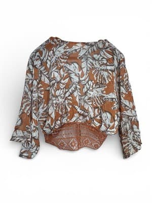 Timing Women’s Boho Tropical Leaf Blouse XS Tie Front Lace Hem Brown White Crop - Thumbnail 4