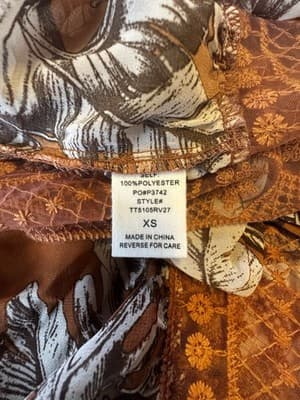 Timing Women’s Boho Tropical Leaf Blouse XS Tie Front Lace Hem Brown White Crop - Thumbnail 3