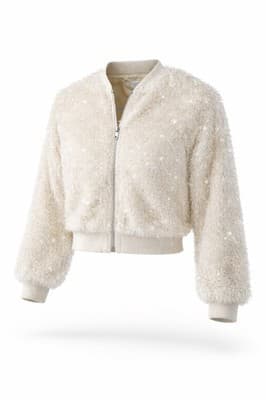 Knit Works Youth Faux Fur Bomber Jacket Size 14 Sparkly Silver Thread Details - Image 1