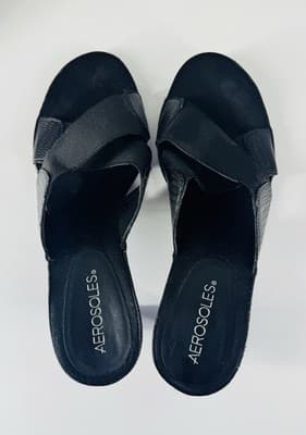 Aerosoles Black Cross Straps Slip On Heeled Open Toe Sandal Women Size 8.5 - Thumbnail 3