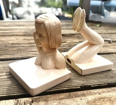Vintage Ceramic Lady Bookends Set- Art Deco Style Figural Woman Head And Legs - Thumbnail 2