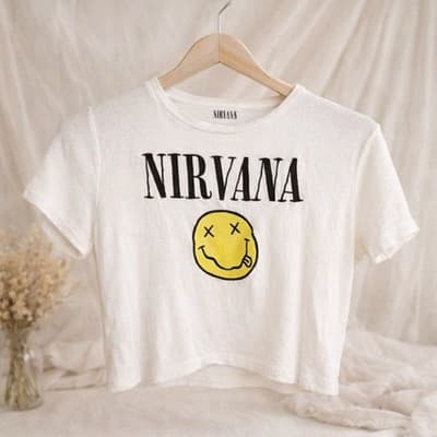 Nirvana Smiley Face Cropped T Shirt White Graphic Name Tee Grunge 90’s Style - Image 1