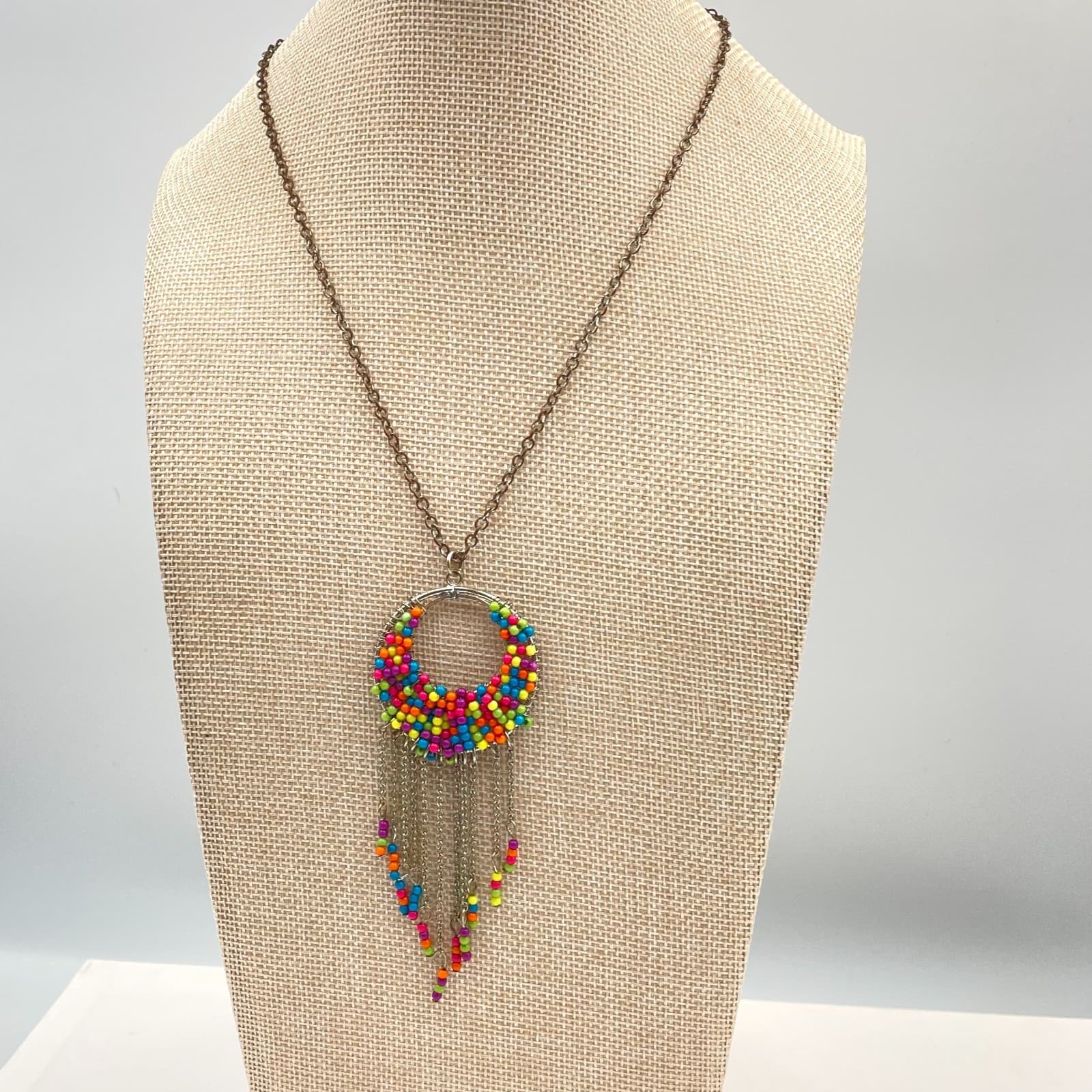 Vtg Boho Multi-Color Seed Bead Circle Fringe Tassel Necklace Silver Tone Chain - Thumbnail 3