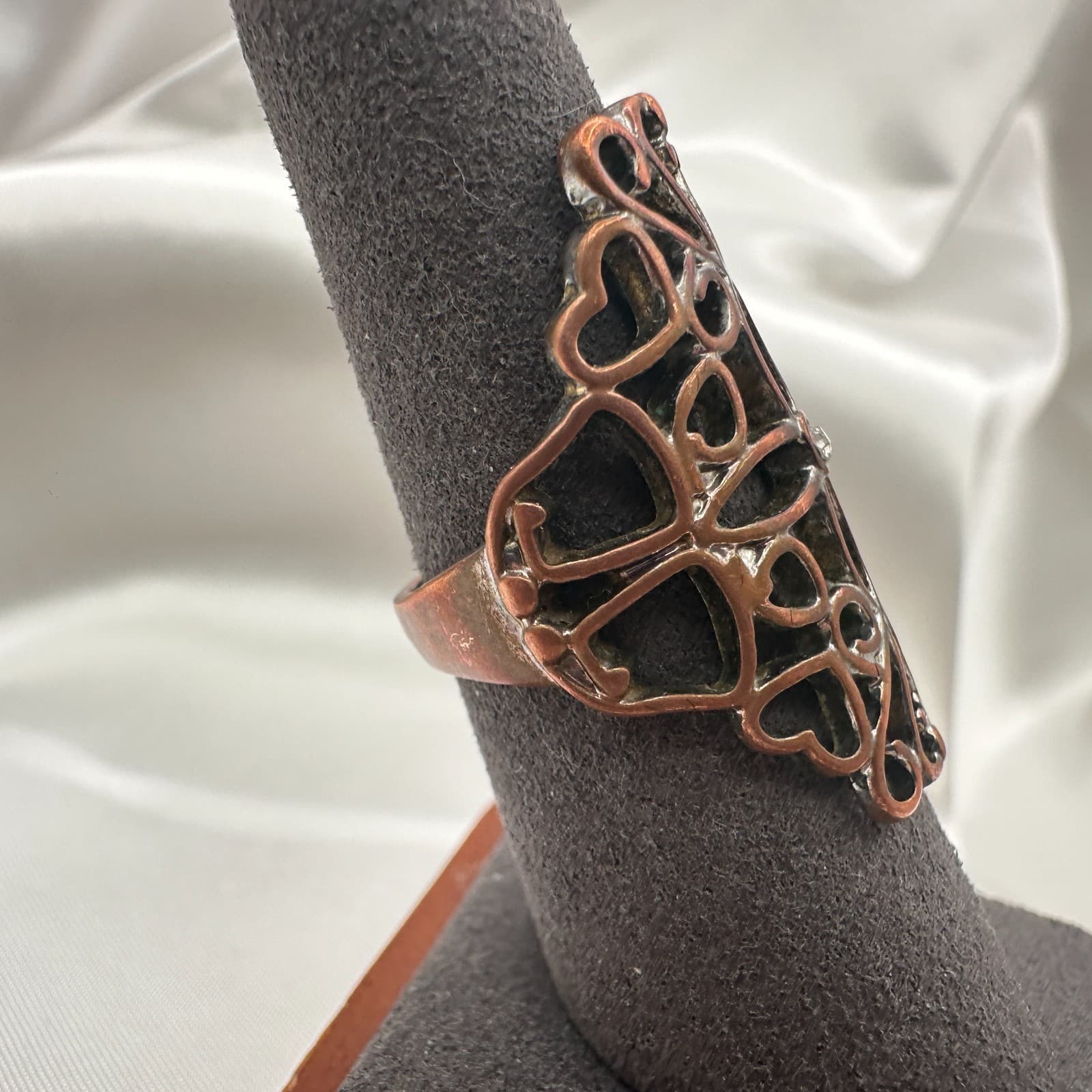 Vintage Y2K Copper Tone Cutout Filigree Clear Rhinestone Statement Ring Jewelry - Thumbnail 4