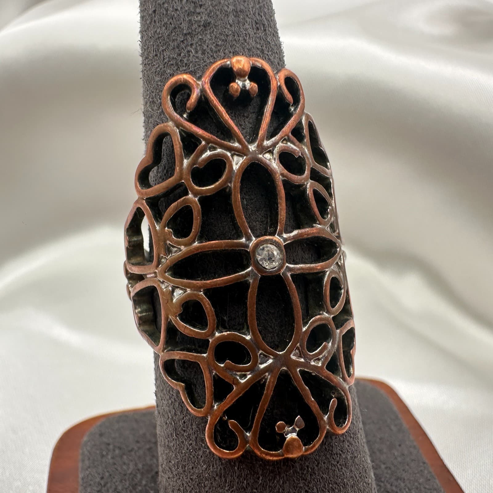 Vintage Y2K Copper Tone Cutout Filigree Clear Rhinestone Statement Ring Jewelry - Thumbnail 3