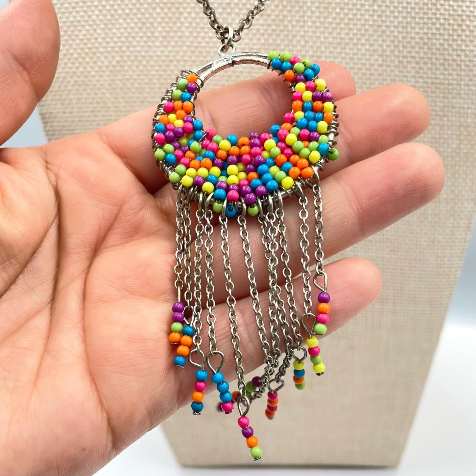 Vtg Boho Multi-Color Seed Bead Circle Fringe Tassel Necklace Silver Tone Chain - Thumbnail 4