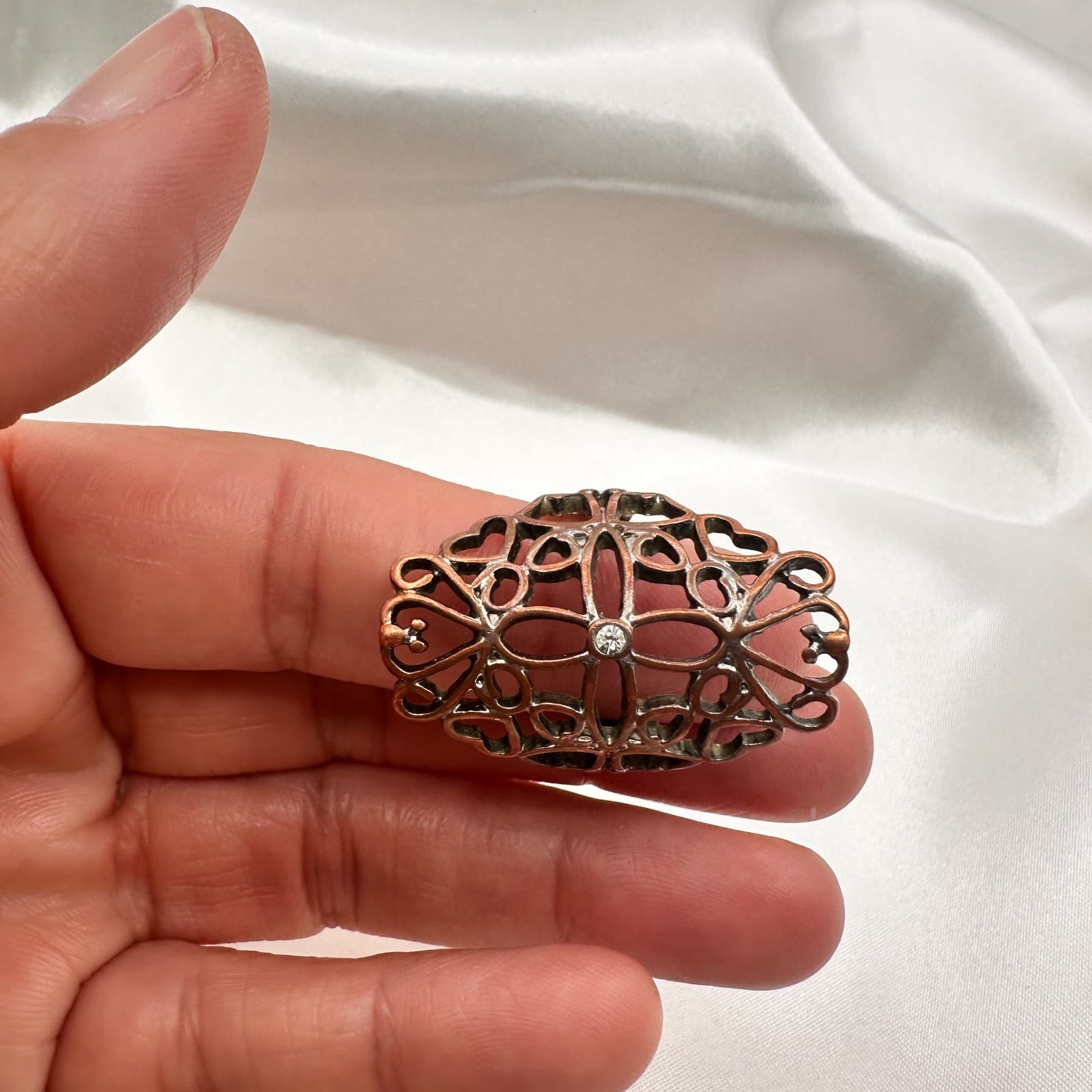 Vintage Y2K Copper Tone Cutout Filigree Clear Rhinestone Statement Ring Jewelry - Thumbnail 11