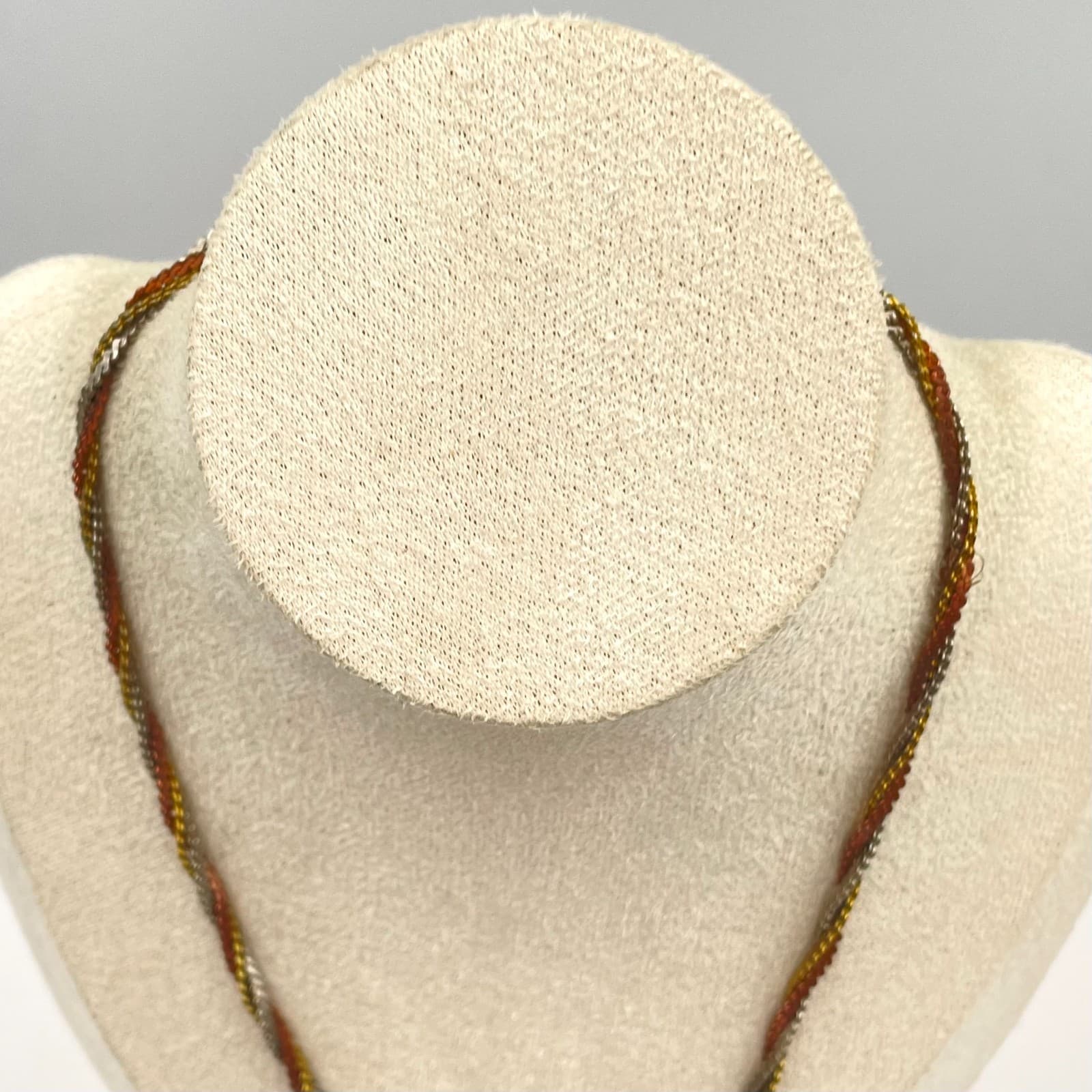 Vtg Tri-Color Gold Silver Copper Toned Woven Mesh Braided Herringbone Necklace - Thumbnail 2