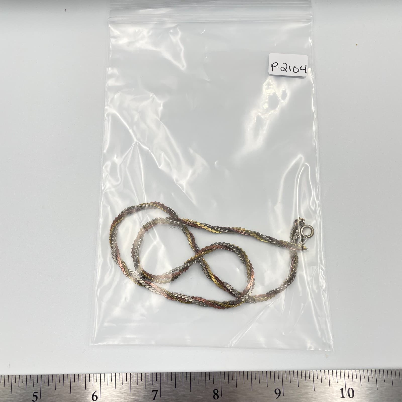 Vtg Tri-Color Gold Silver Copper Toned Woven Mesh Braided Herringbone Necklace - Thumbnail 7