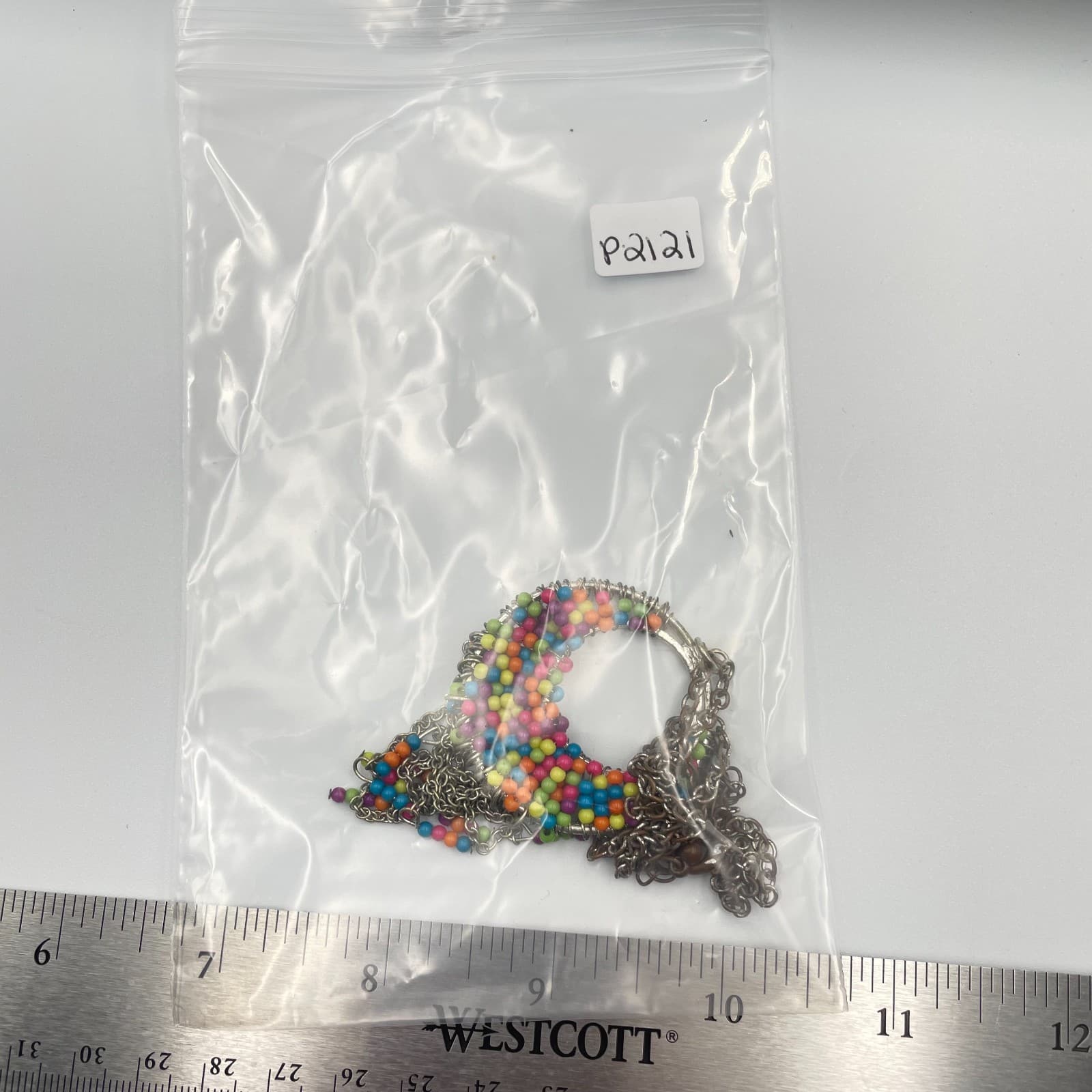 Vtg Boho Multi-Color Seed Bead Circle Fringe Tassel Necklace Silver Tone Chain - Thumbnail 8