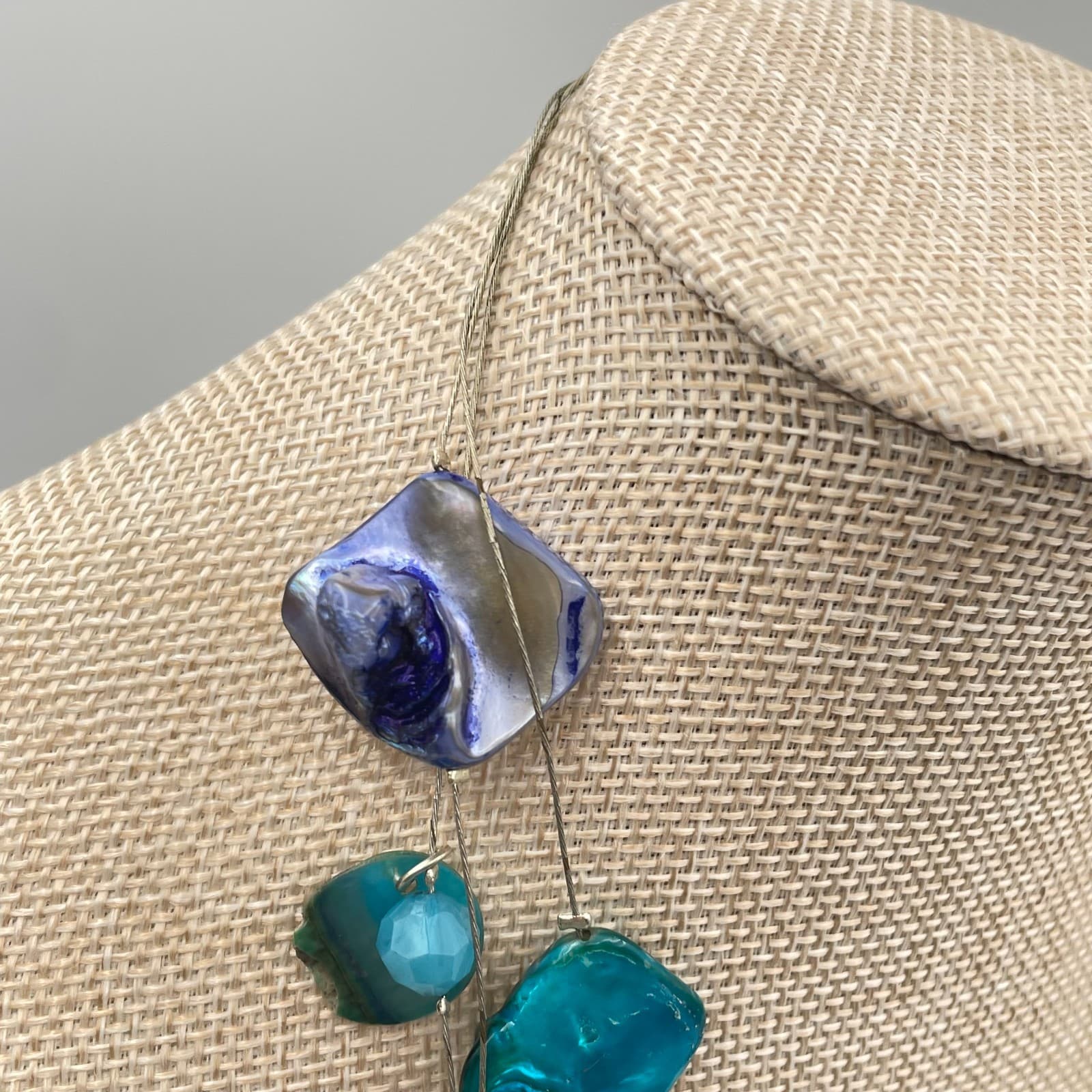 Vtg Boho Nautical Teal Shell Layered Necklace Iridescent Abalone Style Beaded - Thumbnail 5